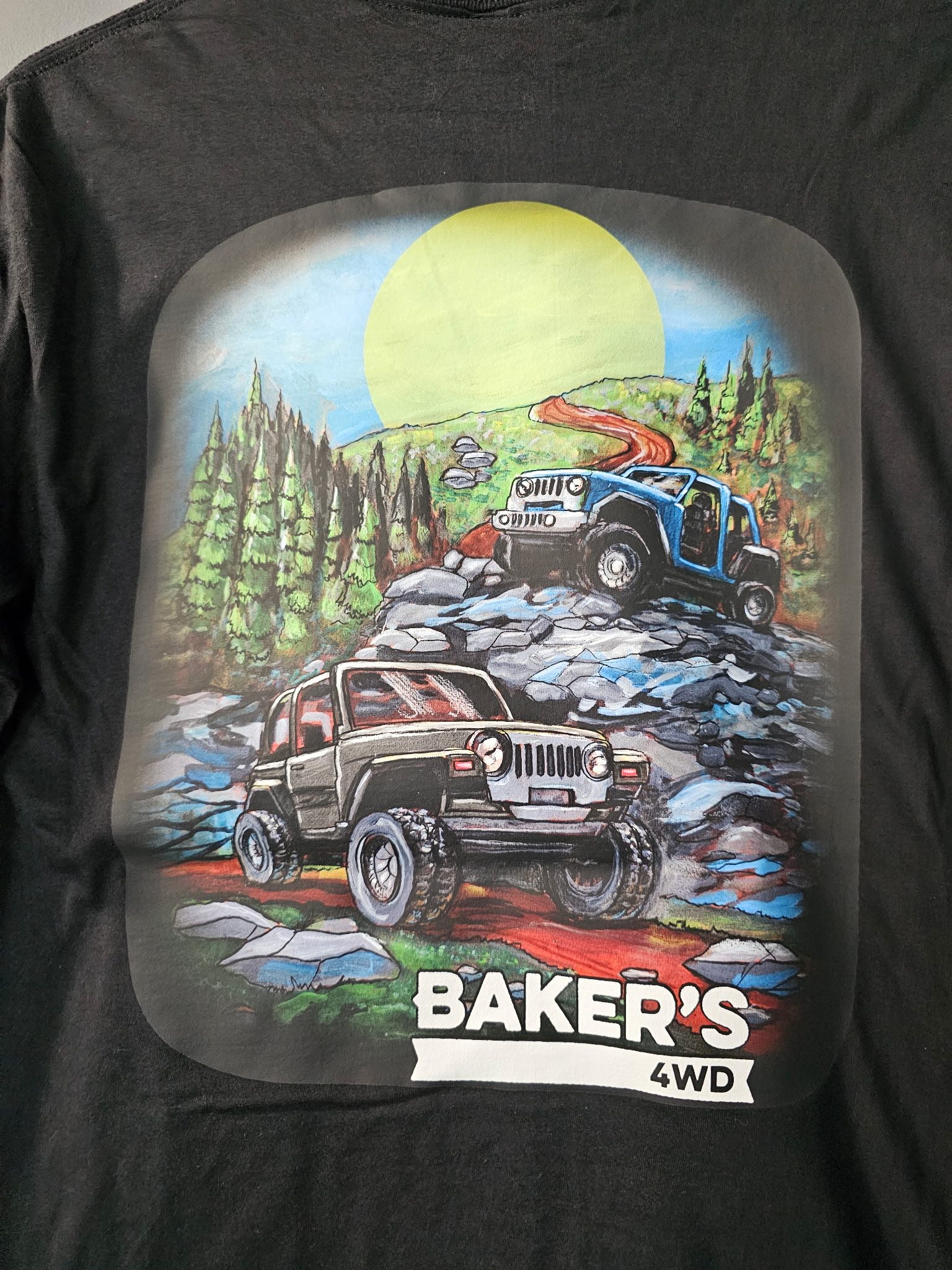Back of Baker's 4WD trail-themed shirt available for sale