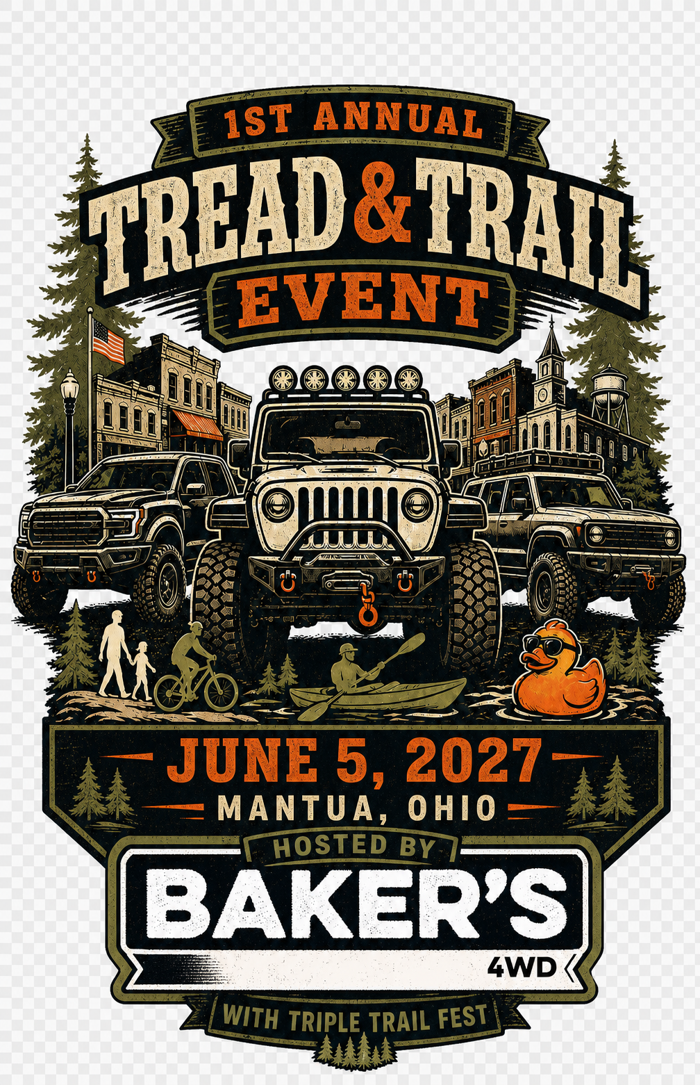 Proposed first annual Baker's Tread and Trail Event shirt back featuring the Baker's 4WD logo